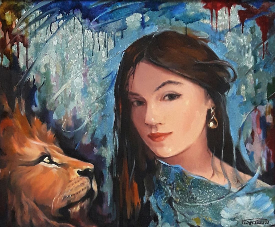 Oil painting Portrait of a girl and a lion Vasily Korkishko - 2