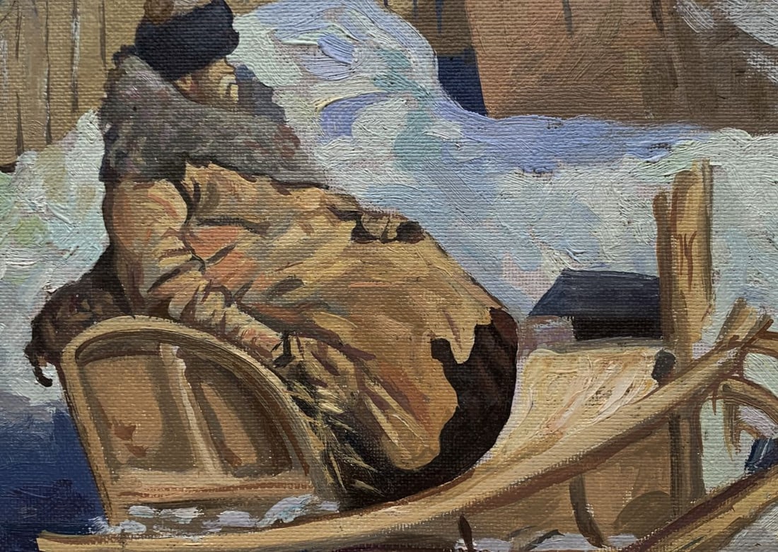 Oil painting Sledding in the village Unknown artist - 2