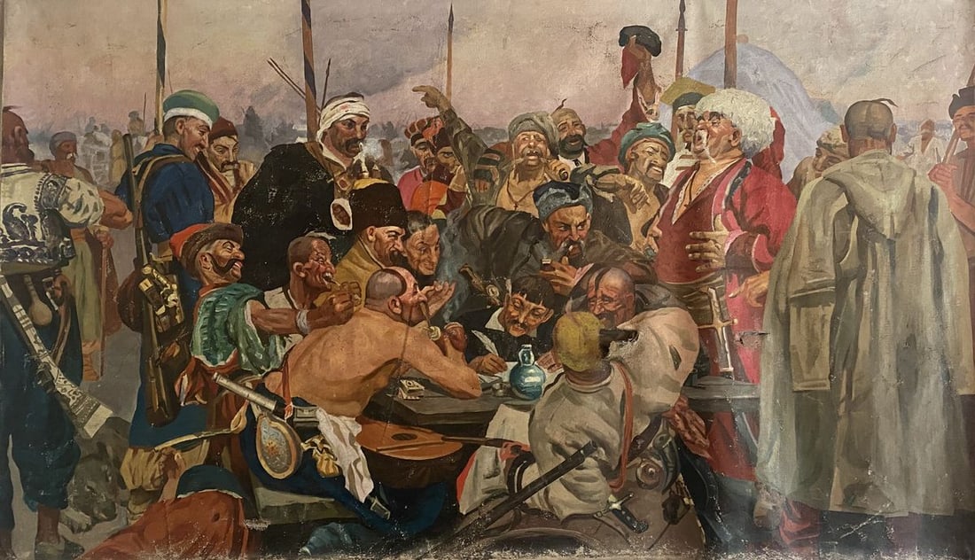 Oil painting Letter from the Cossacks to the Turkish Sultan Unknown artist: Title: Oil painting Letter from the Cossacks to the Turkish Sultan Unknown artist Description: No1558 *** ABOUT THIS PAINTING *** * TITLE: "Letter from the Cossacks to the Turkish Sultan" * ARTISTS: U