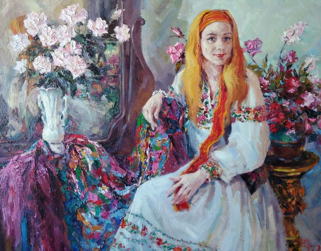 Oil painting Girl near flowers Alexander Nikolaevich Cherednichenko (1 of 6)