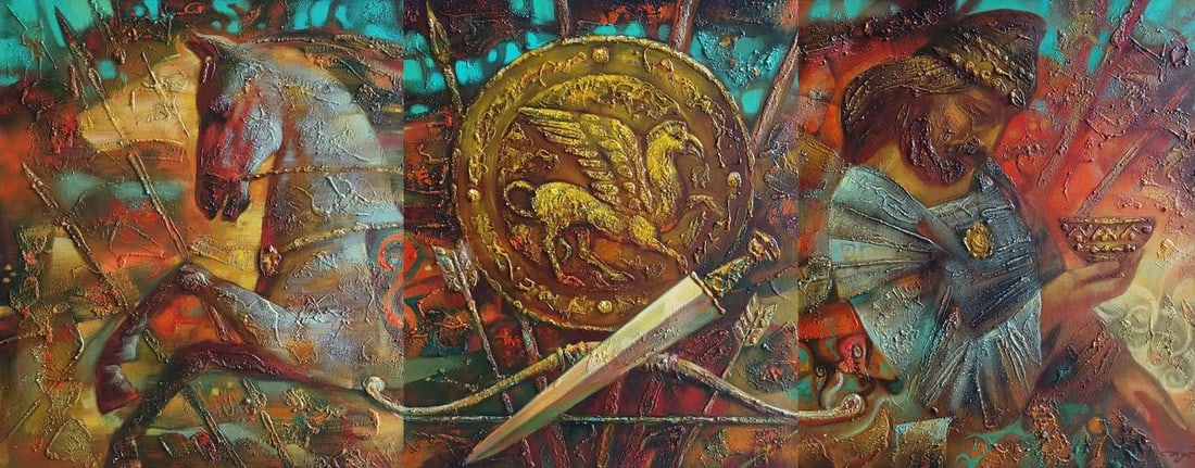 Abstract oil painting Scythian legend Anatoly Tarabanov: Title: Abstract oil painting Scythian legend Anatoly Tarabanov Description: NoTar 394 The oil painting on canvas titled "Scythian Legend" is a vibrant and textural homage to the ancient nomadic warrio