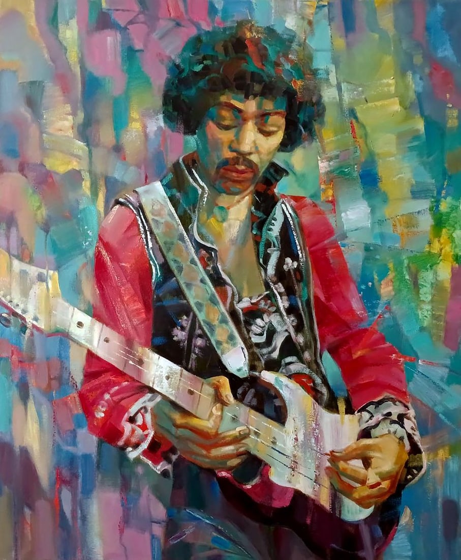 Abstract oil painting Jimi Hendrix Anatoly Tarabanov: Title: Abstract oil painting Jimi Hendrix Anatoly Tarabanov Description: NoTar 398 The oil painting on canvas titled "Jimi Hendrix" is a vibrant and emotionally charged tribute to one of the most icon