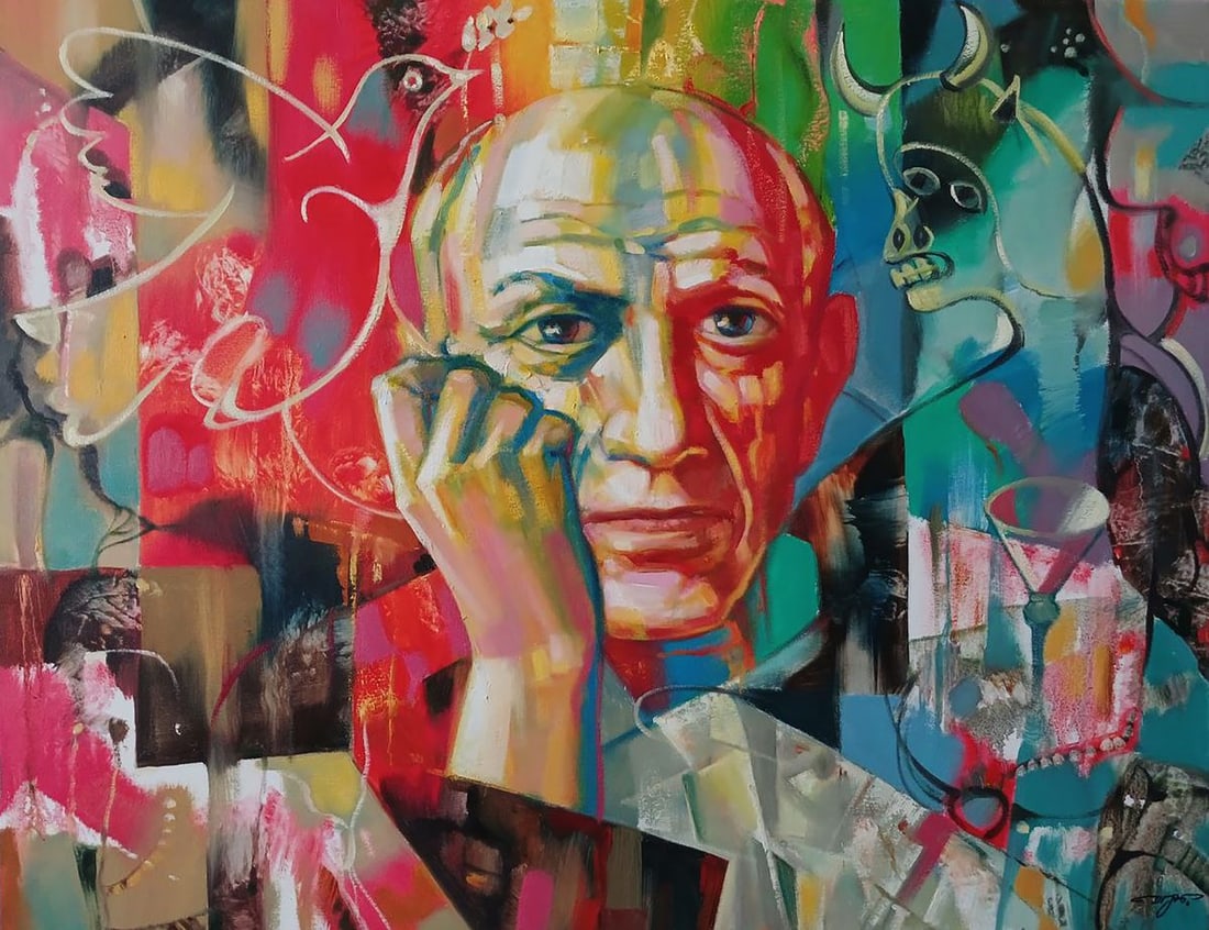 Abstract oil painting Picasso in thought Anatoly Tarabanov: Title: Abstract oil painting Picasso in thought Anatoly Tarabanov Description: NoTar 399 The oil painting on canvas titled "Picasso in Thought" presents a captivating and introspective portrayal of on