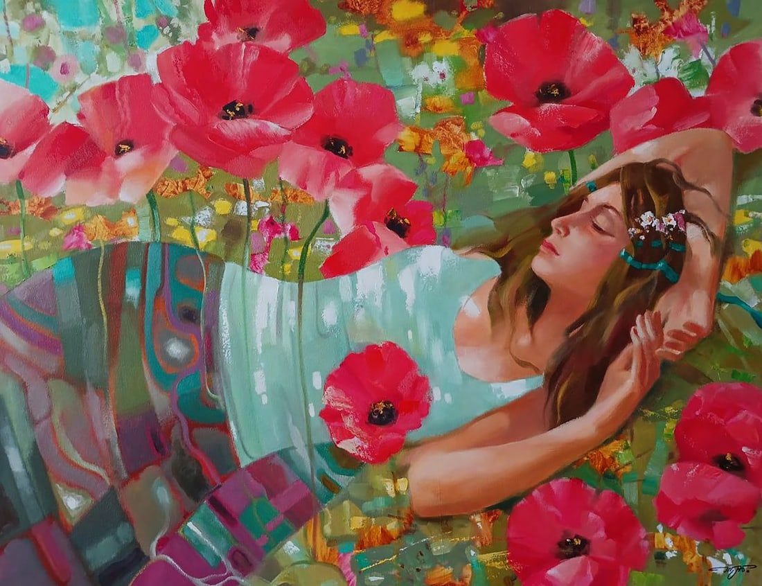 Abstract oil painting Red poppies Anatoly Tarabanov: Title: Abstract oil painting Red poppies Anatoly Tarabanov Description: NoTar 400 The oil painting on canvas titled "Red Poppies" immerses the viewer in a dreamlike moment of peace, femininity, and na