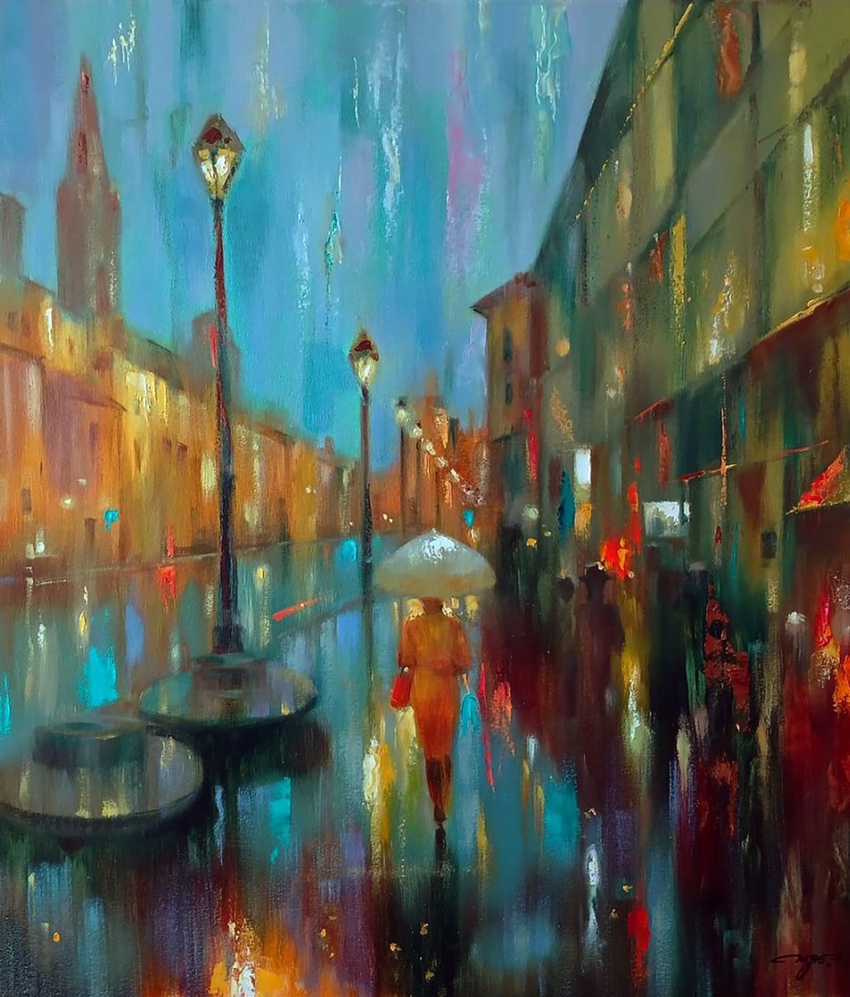 Abstract oil painting Rainy evening Anatoly Tarabanov: Title: Abstract oil painting Rainy evening Anatoly Tarabanov Description: NoTar 402 The oil painting on canvas titled "Rainy Evening" immerses the viewer in a serene and poetic urban scene, where the