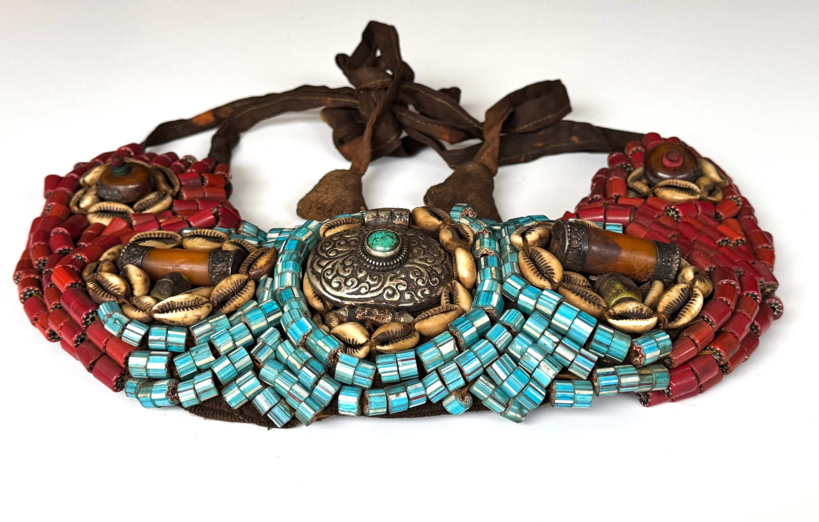 Antique Tibetan Perak Breastplate: Cornelian beads, Turquoise, Shells, gemstone, Kashmir, Jewelry - 14