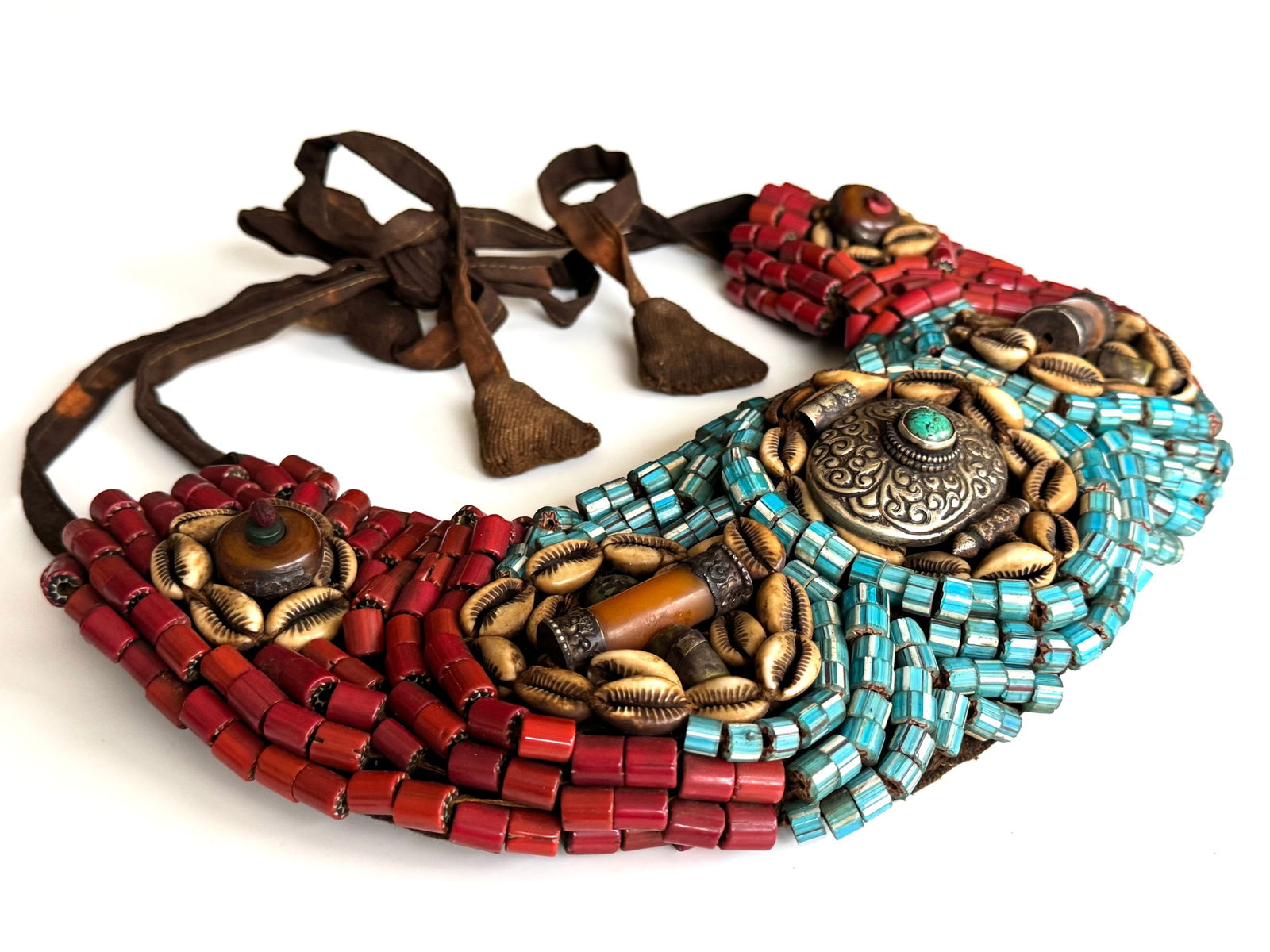 Antique Tibetan Perak Breastplate: Cornelian beads, Turquoise, Shells, gemstone, Kashmir, Jewelry - 4