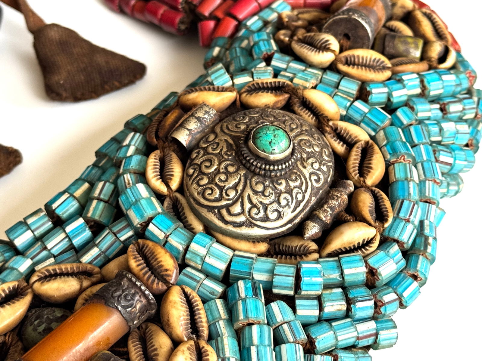 Antique Tibetan Perak Breastplate: Cornelian beads, Turquoise, Shells, gemstone, Kashmir, Jewelry - 6
