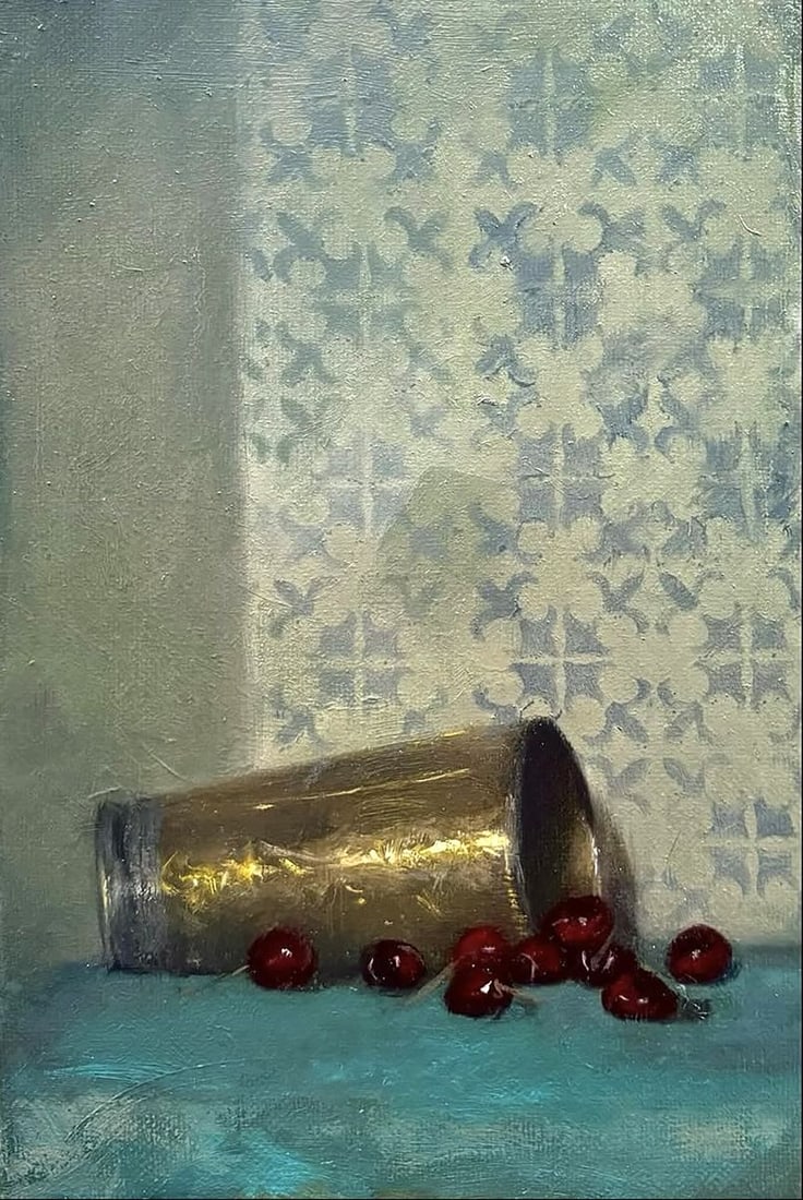 Oil painting Copper Cup and Cherries Annam Butt: Title: Oil painting Copper Cup and Cherries Annam Butt Description: No. Butt 7 A still life exploring the intimacy of reflection — copper warmth against the deep reds of cherries. A meditation on fo