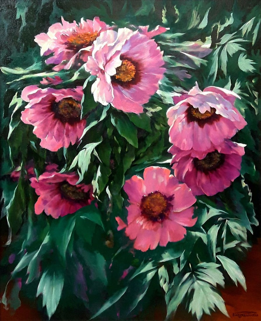 Oil painting Tree pink peonies Vasily Korkishko - 2