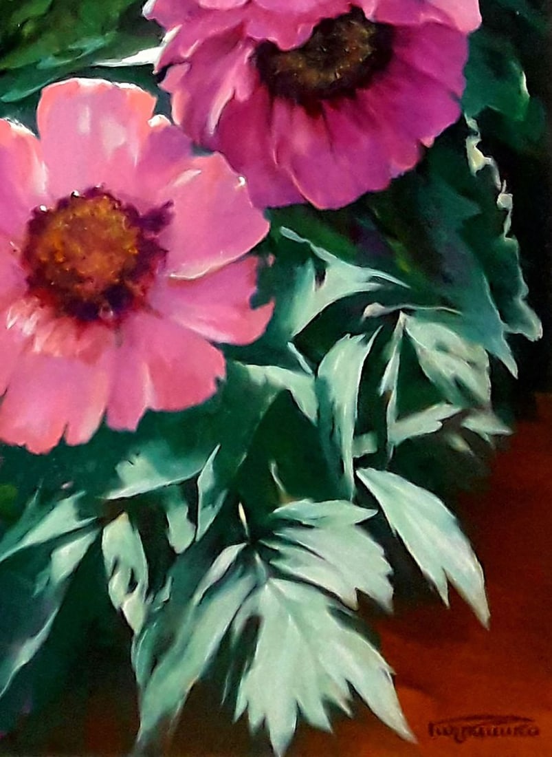 Oil painting Tree pink peonies Vasily Korkishko - 3
