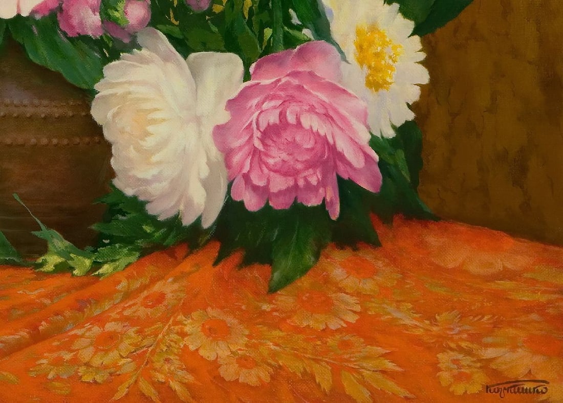 Oil painting Still life on a red tablecloth Vasily Korkishko - 2