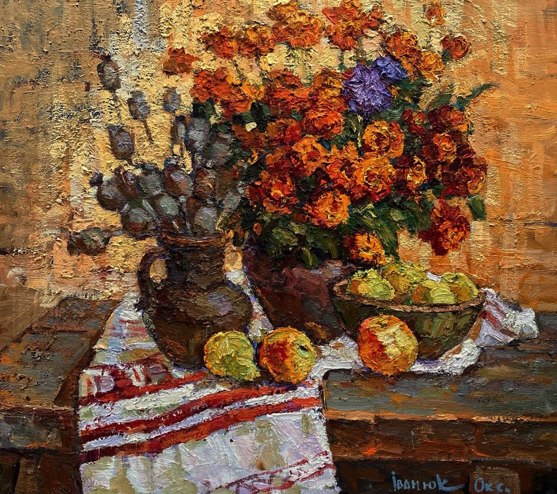 Oil painting Preparing for Apple Savior Oksana Ivanyuk: Title: Oil painting Preparing for Apple Savior Oksana Ivanyuk Description: No. Kalen 1600 The oil painting on Canvas titled "Preparing for Apple Savior" evokes the warmth, symbolism, and quiet