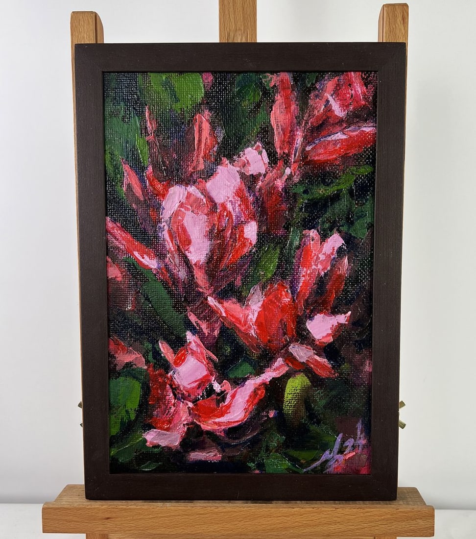 Acrylic painting Magnolias are blooming Mykhailo Patskan: Title: Acrylic painting Magnolias are blooming Mykhailo Patskan Description: No. AAA4902 The acrylic painting on cardboard titled "Magnolias are Blooming" is a vivid and emotionally resonant celebrati