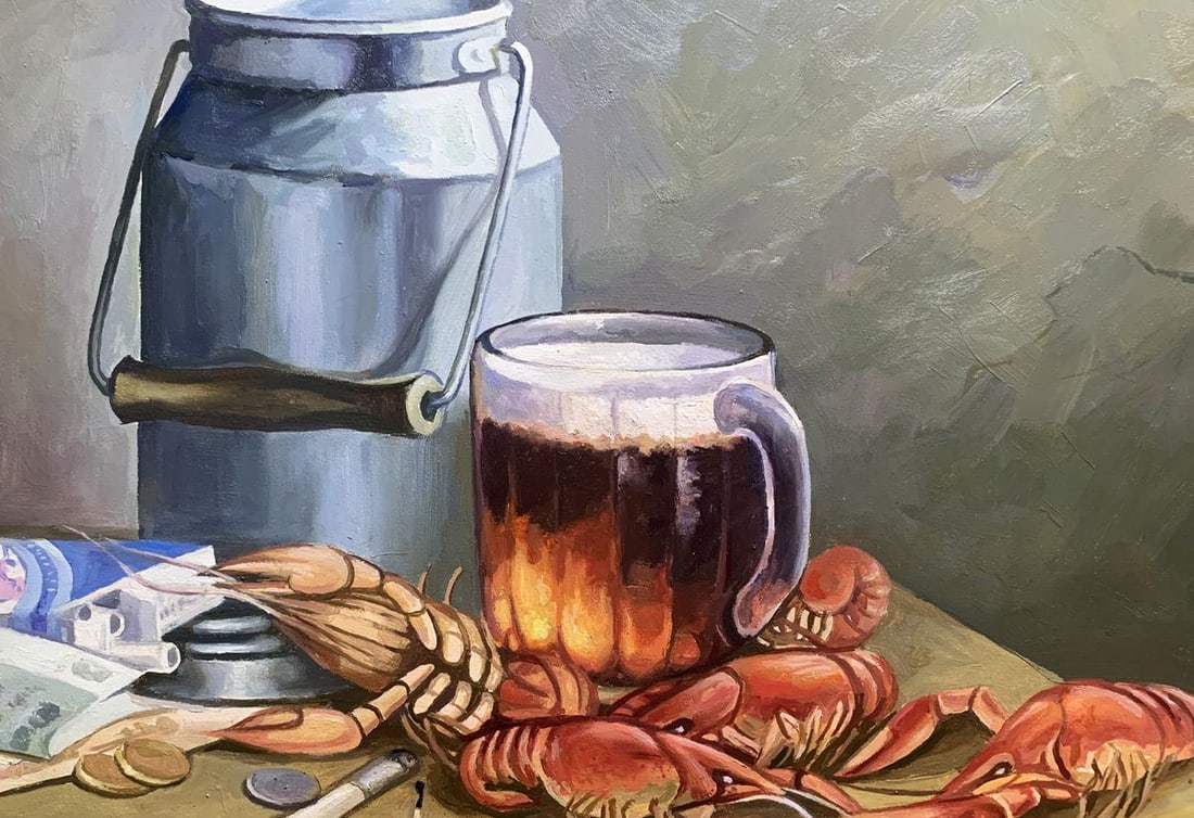 Oil painting Beer and crayfish Unknown artist - 2