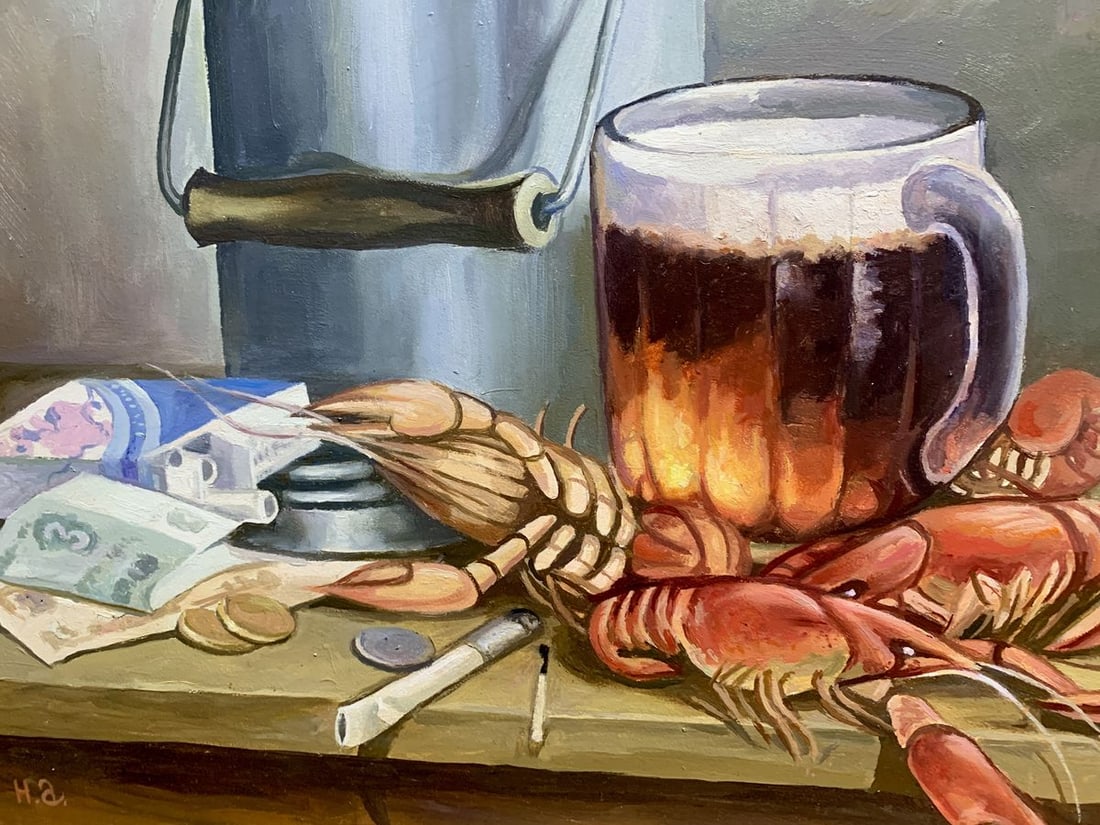 Oil painting Beer and crayfish Unknown artist - 5