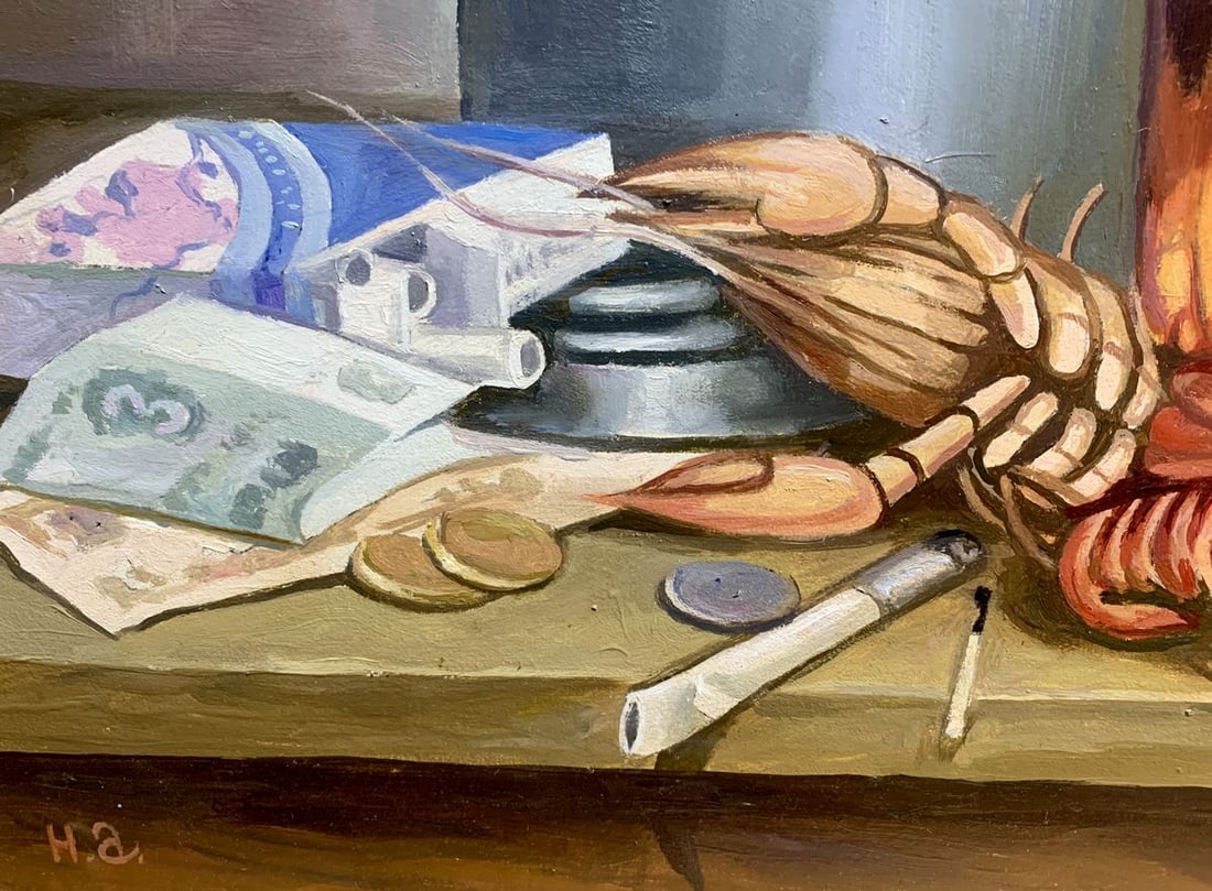 Oil painting Beer and crayfish Unknown artist - 6