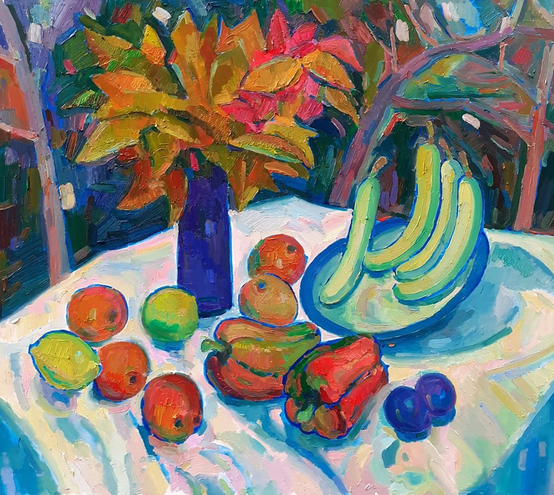 Oil painting Autumn bouquet and fruits Peter Tovpev: Title: Oil painting Autumn bouquet and fruits Peter Tovpev Description: No. Dobr 845 "Autumn Bouquet and Fruits" is a vivid and lively oil painting that beautifully captures the essence of autumn