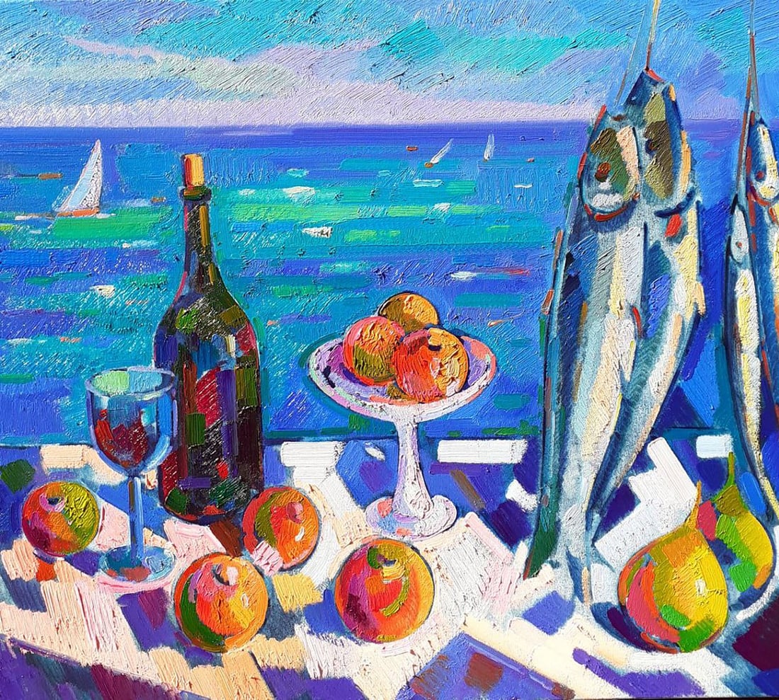 Oil painting Catch Peter Tovpev: Title: Oil painting Catch Peter Tovpev Description: No. Dobr 849 "Catch" is a vibrant and dynamic oil painting that captures the essence of a bountiful day by the sea. The composition is filled with r