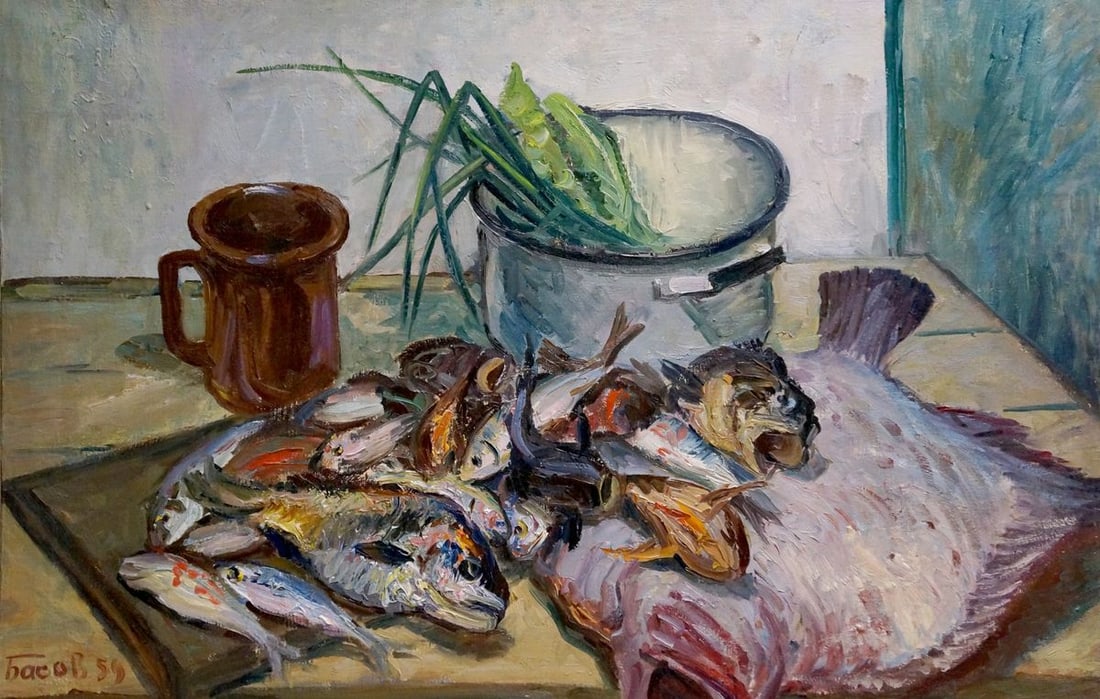 Oil painting Fishes Basov Yakov Alexandrovich: Title: Oil painting Fishes Basov Yakov Alexandrovich Description: No. Vern 1340 *** ABOUT THIS PAINTING *** * TITLE: "Fishes" * ARTISTS: Basov Yakov Alexandrovich * SIZE: 60x80 cm/'33.89x16.53 inches'