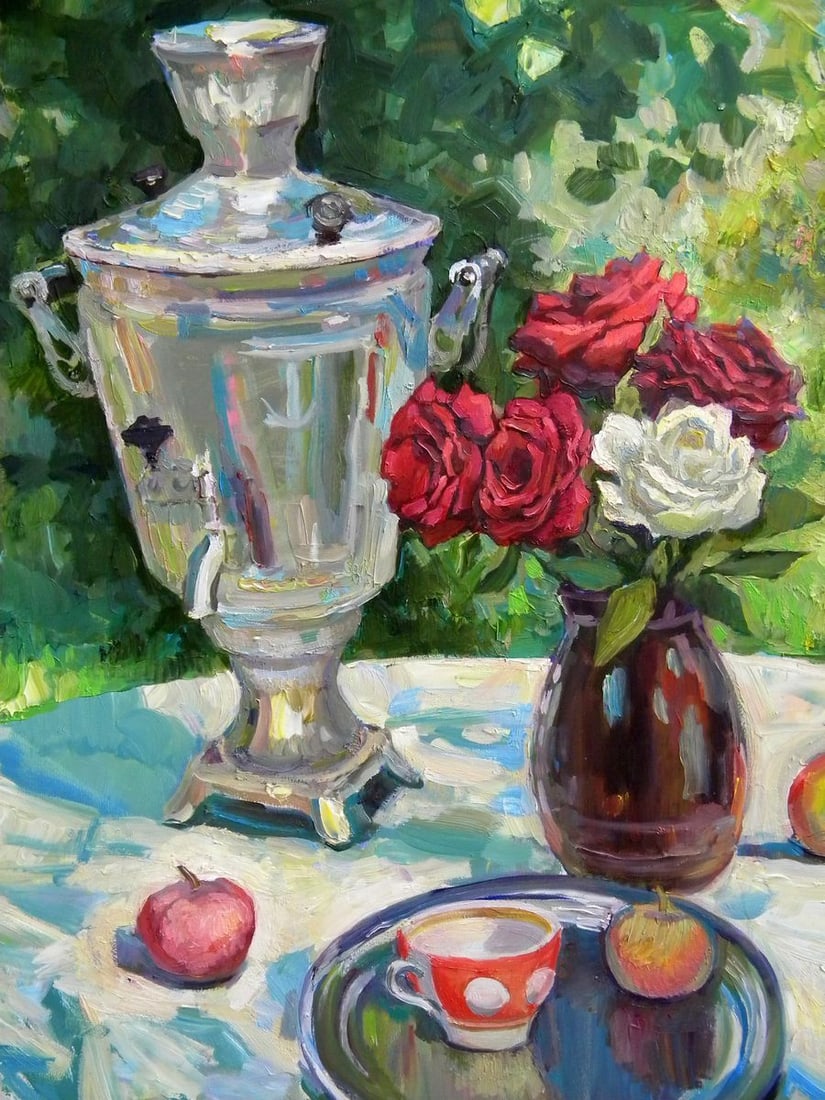 Oil painting Still life with a samovar and roses Anatoly Kymnatny - 2
