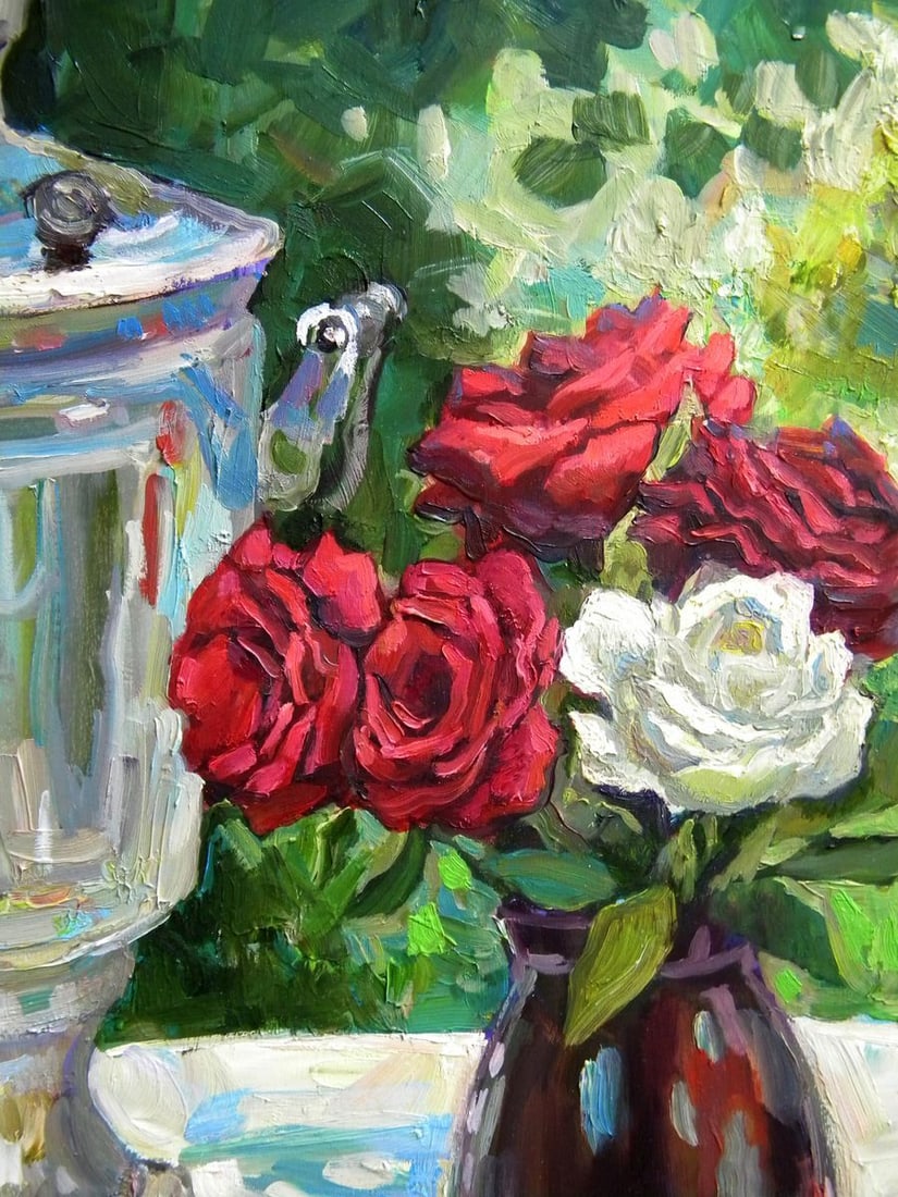 Oil painting Still life with a samovar and roses Anatoly Kymnatny - 4