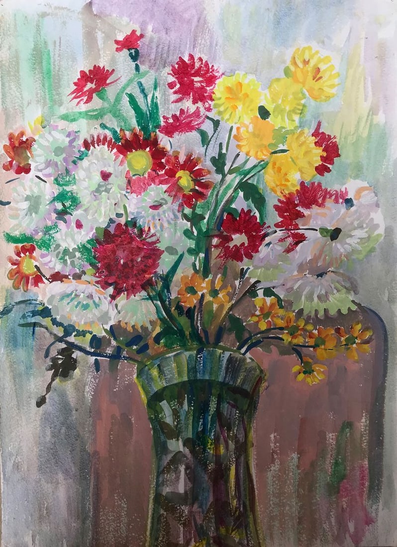 Tempera painting Bouquet of daisies Unknown artist: Title: Tempera painting Bouquet of daisies Unknown artist Description: No. AAA2174 Looking for a eye-catching and vibrant work of art to liven up your home or office Check out this painting, entitled