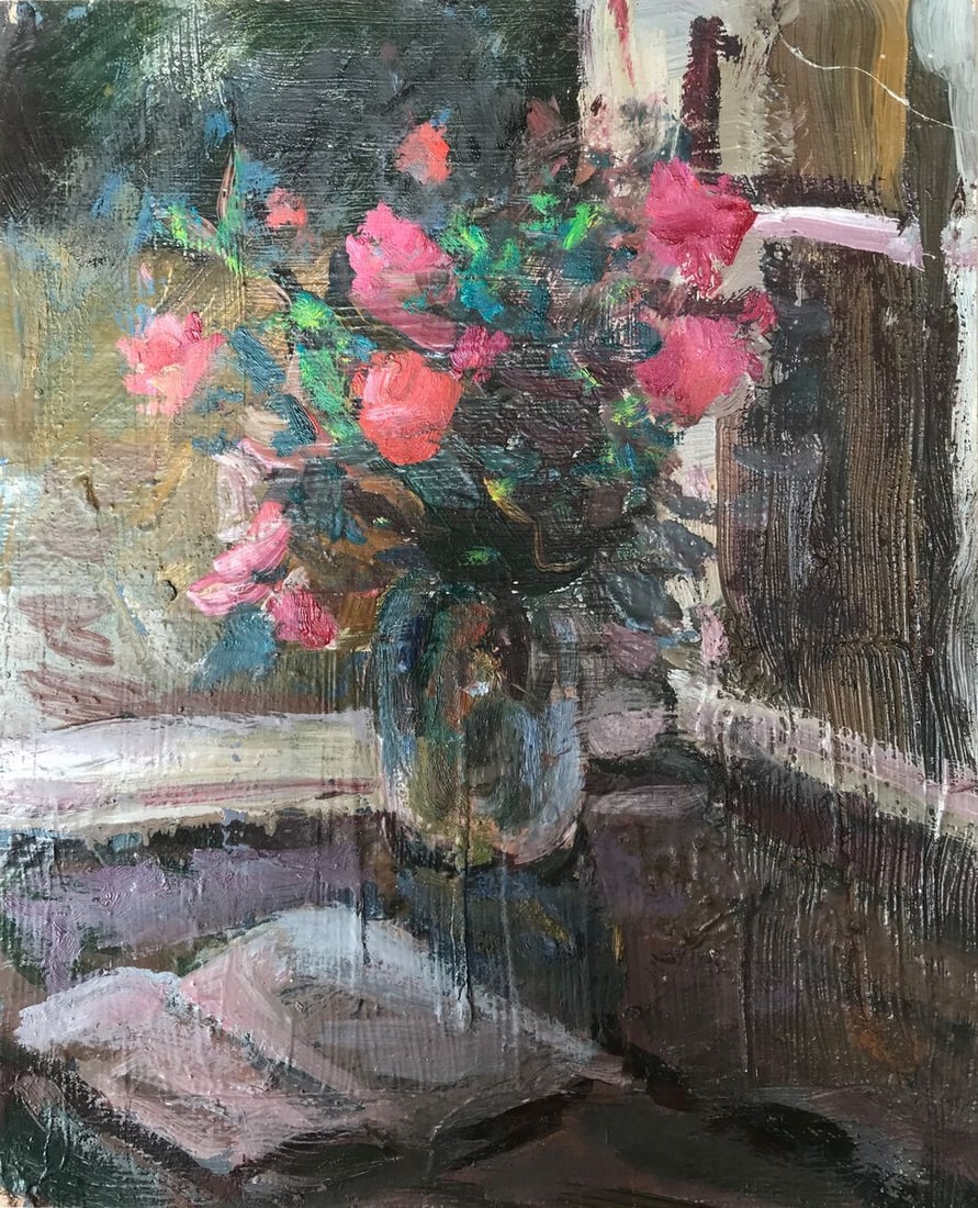 Oil painting Roses on the windowsill Unknown artist (1 of 11)