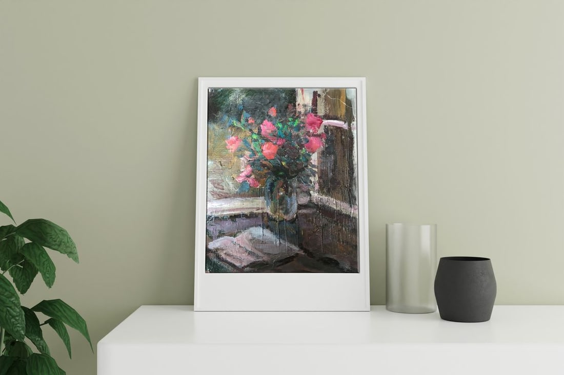 Oil painting Roses on the windowsill Unknown artist - 3