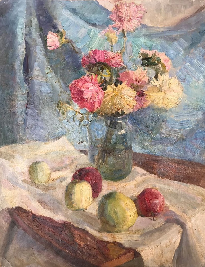Oil painting Flowers and apples Wihyrovskii Victor: Title: Oil painting Flowers and apples Wihyrovskii Victor Description: No. AAA2181 Looking for a stunning and unique oil painting that celebrates the beauty of autumn "Flowers and Apples" is the