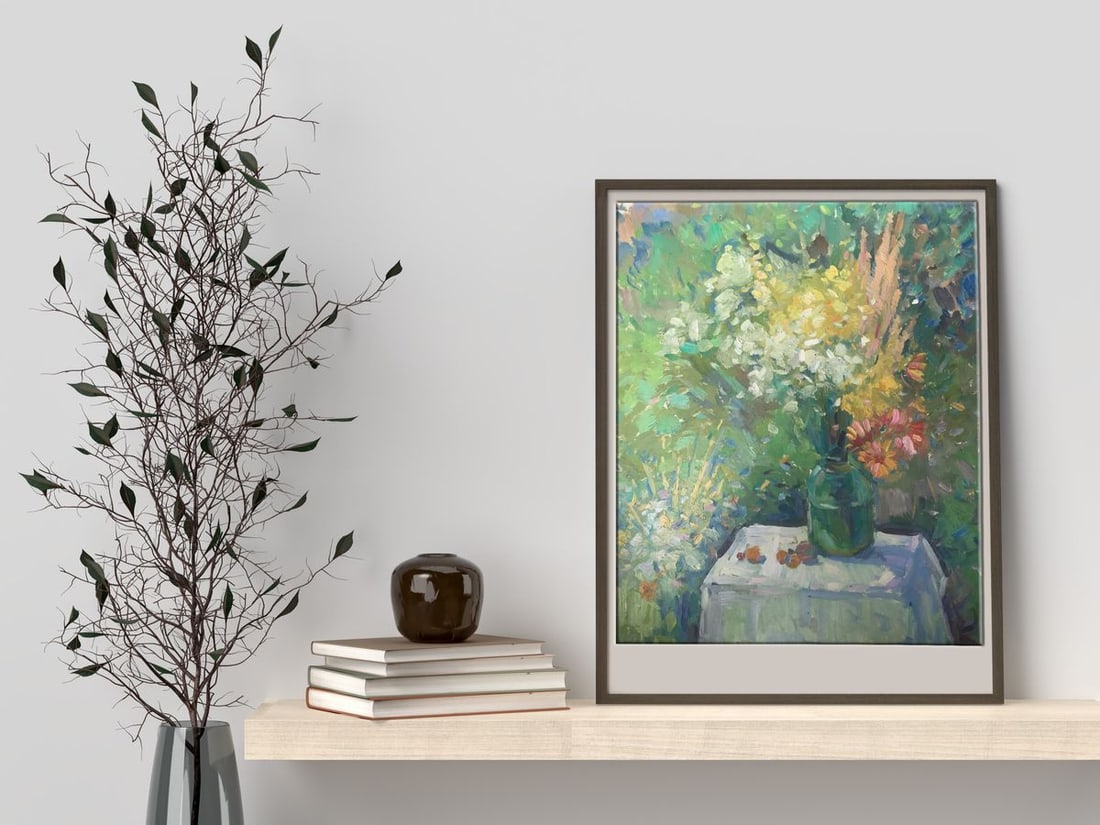 Oil painting Flowers and fruits on the table Peter Tovpev - 2