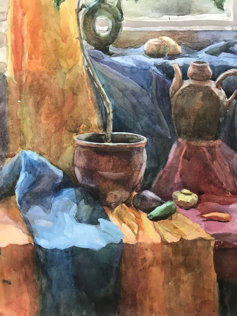 Watercolor painting Flowers on the windowsill Unknown artist - 11