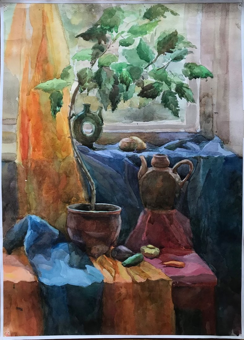 Watercolor painting Flowers on the windowsill Unknown artist (1 of 12)