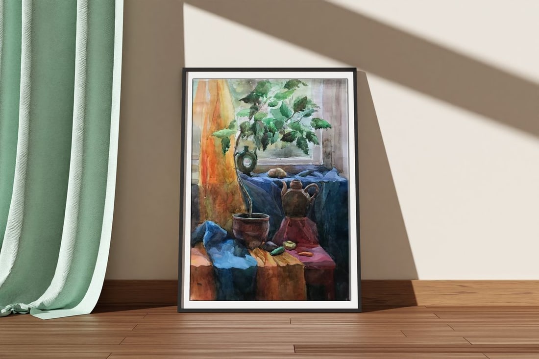 Watercolor painting Flowers on the windowsill Unknown artist - 3