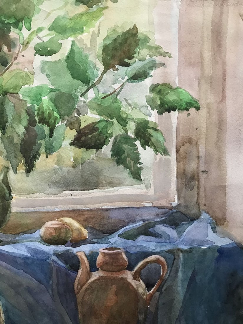 Watercolor painting Flowers on the windowsill Unknown artist - 6