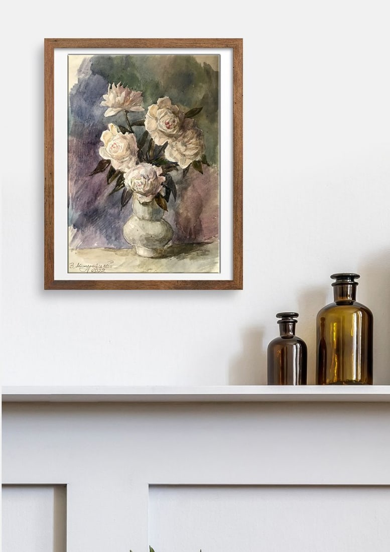 Watercolor painting White roses Wihyrovskii Victor - 3