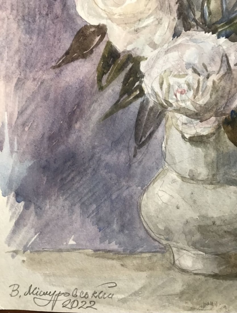 Watercolor painting White roses Wihyrovskii Victor - 9