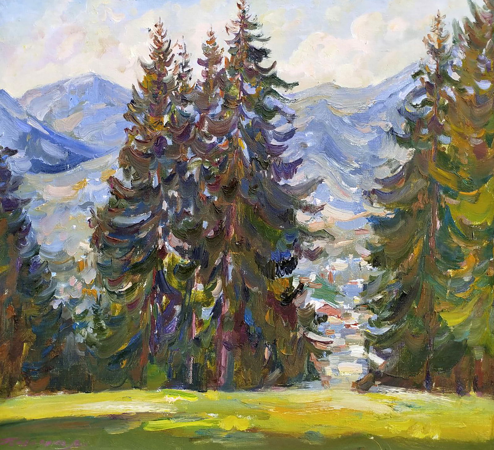 Oil painting Spruce trees Leonid Pavlenko: Title: Oil painting Spruce trees Leonid Pavlenko Description: 77PAVL Painter: Leonid Pavlenko Size: 55x60 cm/21.65x23.62 inches Components: oil, canvas Original painting CONDITION: excellent ARTIST: B