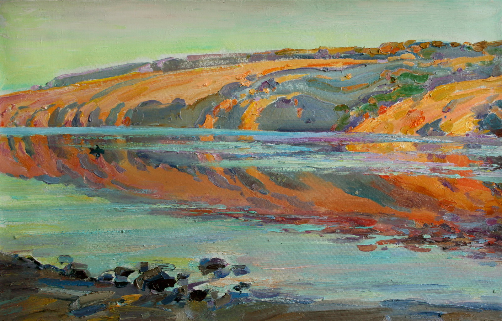 Oil painting Morning on the river Leonid Pavlenko: Title: Oil painting Morning on the river Leonid Pavlenko Description: 119PAVL Painter: Leonid Pavlenko Size: 40x70 cm/15.74x27.55 inches Components: oil, canvas Original painting CONDITION: excellent