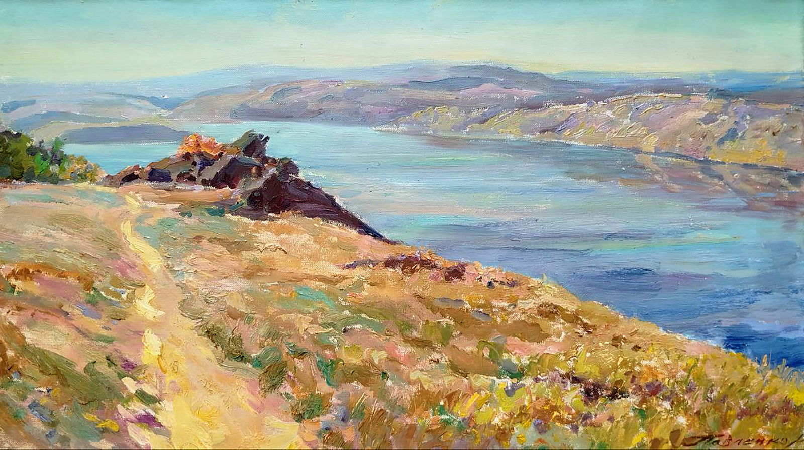 Oil painting Blue River Leonid Pavlenko: Title: Oil painting Blue River Leonid Pavlenko Description: 134PAVL Painter: Leonid Pavlenko Size: 40x70 cm/15.74x27.55 inches Components: oil, canvas Original painting CONDITION: excellent ARTIST: