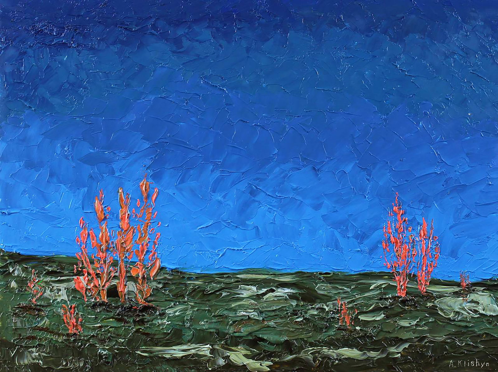 Oil painting Landscape of orange algae Andriy Klishyn: Title: Oil painting Landscape of orange algae Andriy Klishyn Description: 69KLISH Painter: Andriy Klishyn Size: 30x40 cm/11.81x15.74 inches Components: oil, dvp Original painting CONDITION: excellent