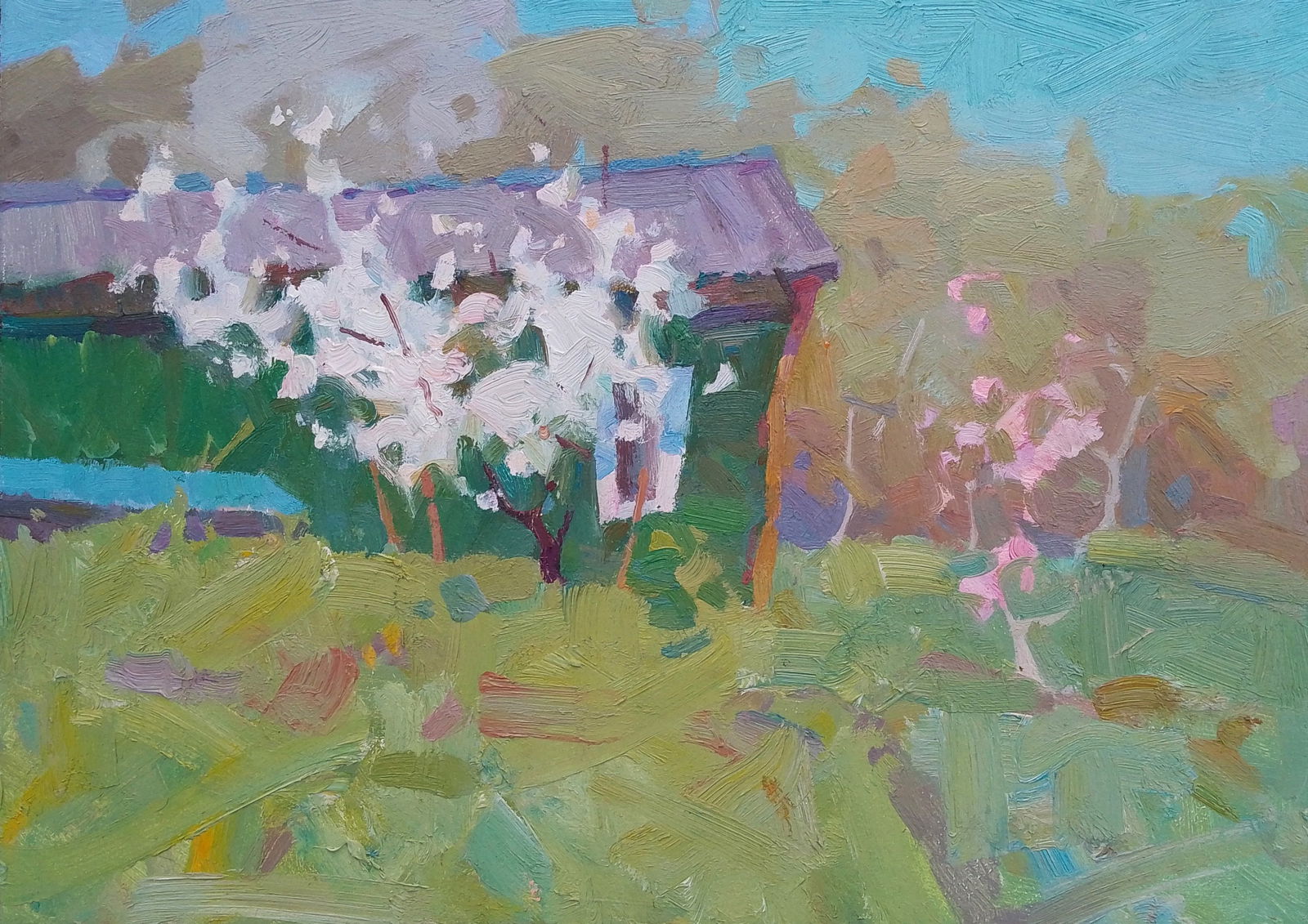 Oil painting Spring tree near the house Igor Tuzhikov: Title: Oil painting Spring tree near the house Igor Tuzhikov Description: 37TUZHIK Painter: Igor Tuzhikov Size: 25x35 cm/9.84x13.77 inches Components: oil, cardboard Original painting CONDITION: excel