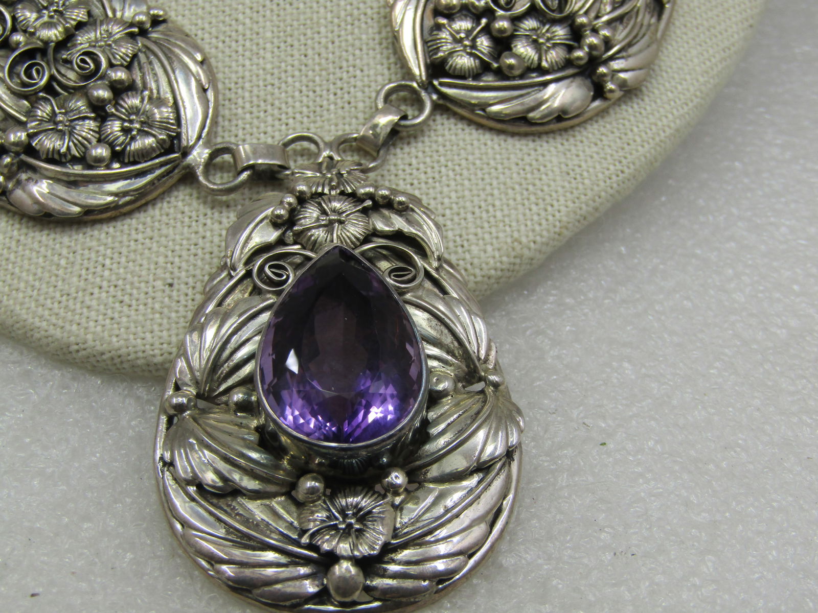 Vintage Sterling Floral Amethyst Lavalier Necklace, 21.5" - 116 grams. - 6