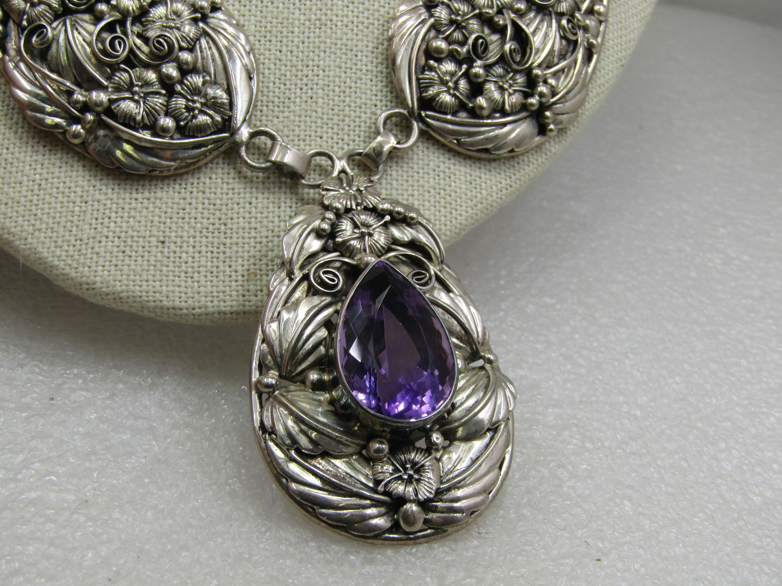Vintage Sterling Floral Amethyst Lavalier Necklace, 21.5" - 116 grams. - 8