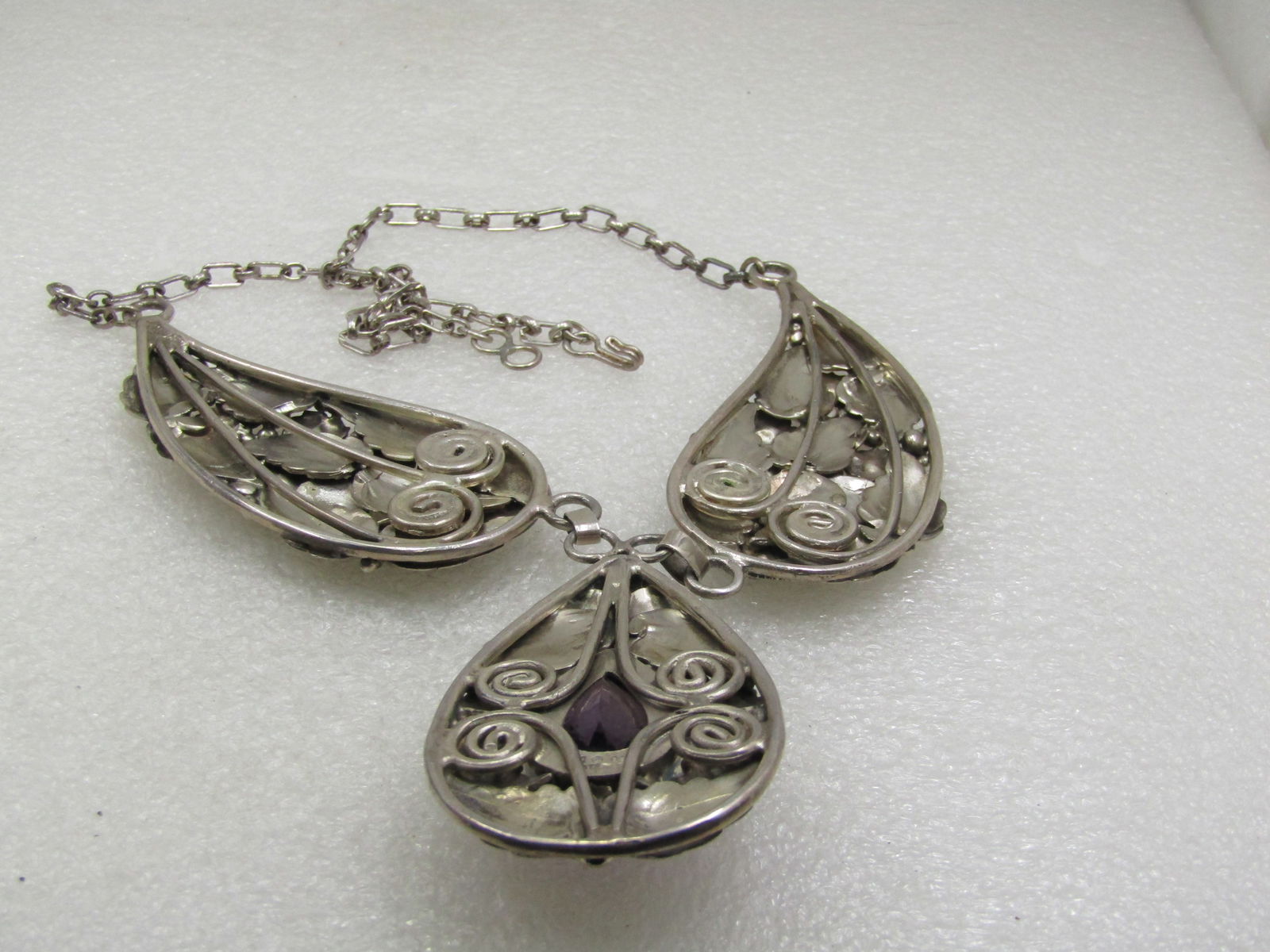 Vintage Sterling Floral Amethyst Lavalier Necklace, 21.5" - 116 grams. - 9