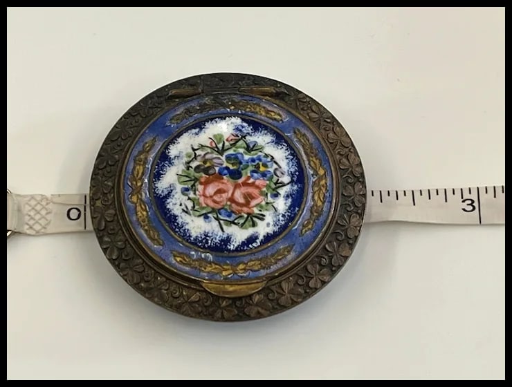 VINTAGE FRENCH ENAMEL FLORAL ROSE VIOLET COBALT BLUE ENAMEL COMPACT TRINKET BOX - 11