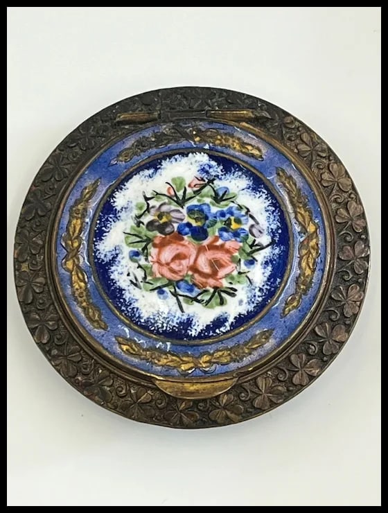 VINTAGE FRENCH ENAMEL FLORAL ROSE VIOLET COBALT BLUE ENAMEL COMPACT TRINKET BOX - 2