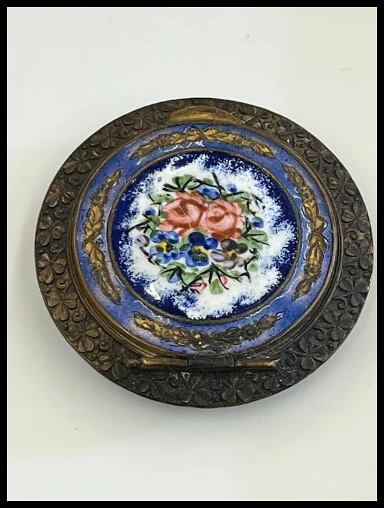 VINTAGE FRENCH ENAMEL FLORAL ROSE VIOLET COBALT BLUE ENAMEL COMPACT TRINKET BOX - 3