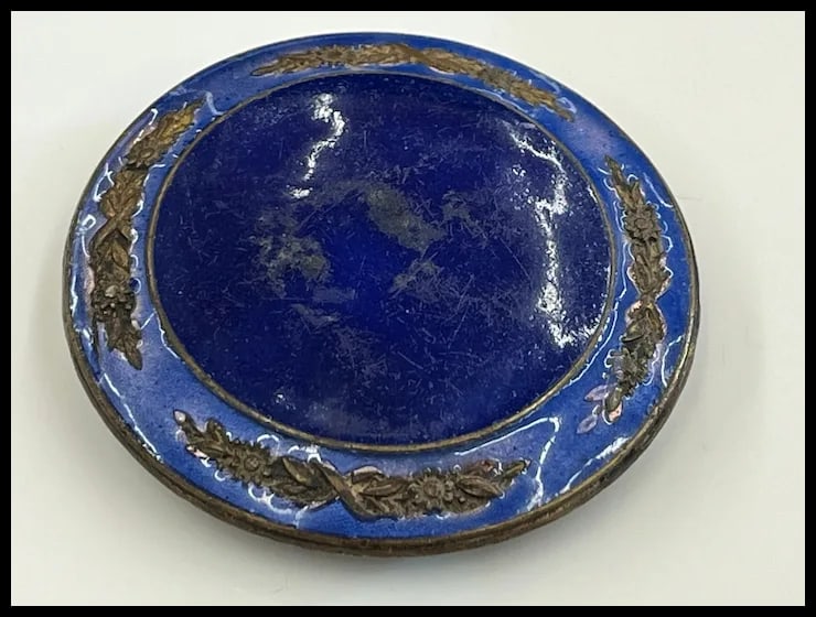 VINTAGE FRENCH ENAMEL FLORAL ROSE VIOLET COBALT BLUE ENAMEL COMPACT TRINKET BOX - 4