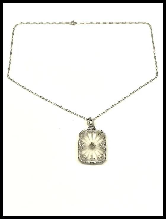 Art Deco 14k Filigree Camphor Glass and Diamond Necklace - 2